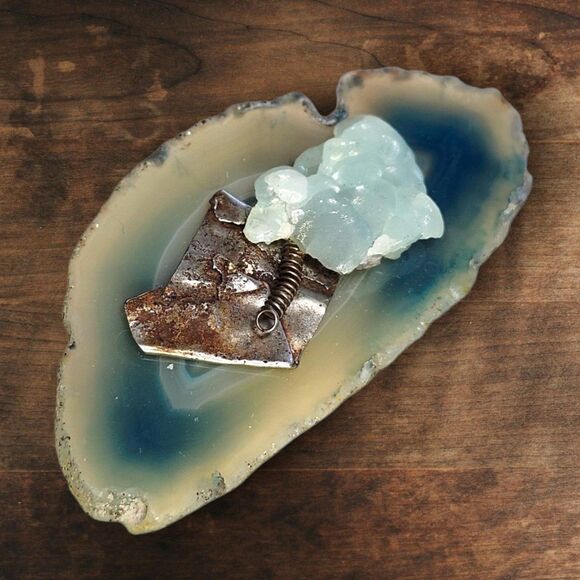 Vintage Blue Agate & Smithsonite Sterling Silver Brooch Artisan Gemstone Pin - Picture 1 of 4